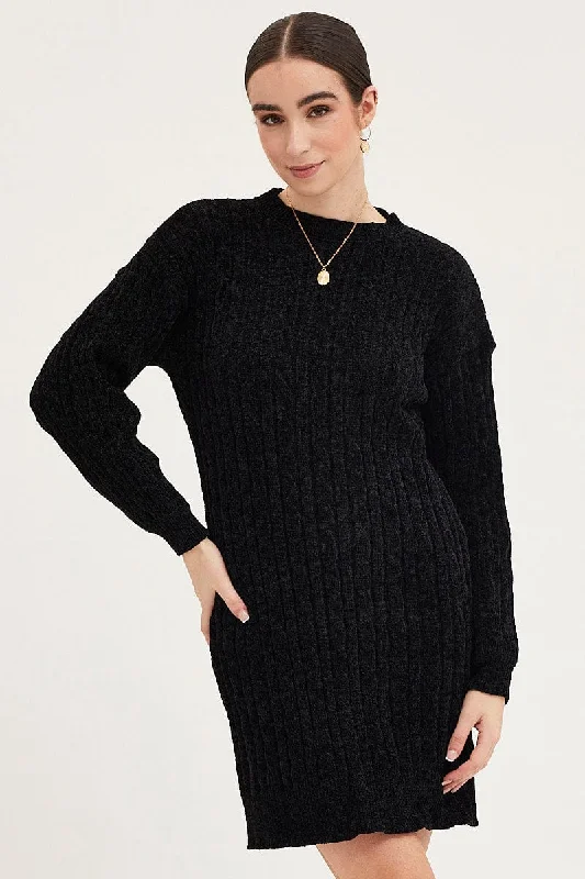 Mini Dresses with Frayed Edges -Black Dress Long Sleeve Mini Knit