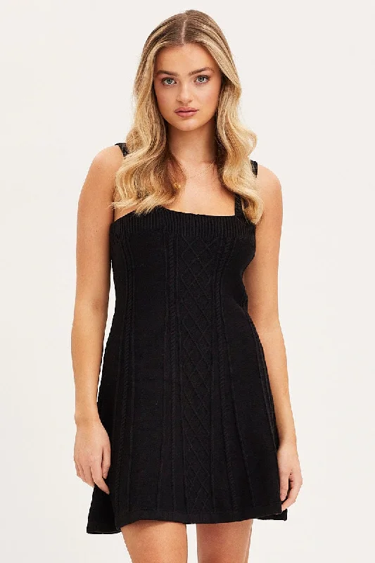 Mini Dresses with Silk Hem -Black Dress Sleeveless Mini Knit