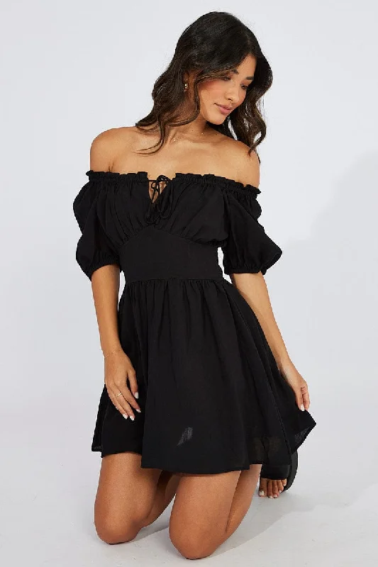 Mini Dresses with Side Cutouts -Black Fit And Flare Dress Corset Waist Mini