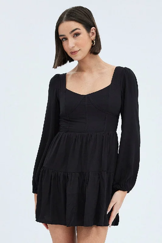 Mini Dresses for Weekend Wear -Black Fit And Flare Dress Long Sleeve Mini