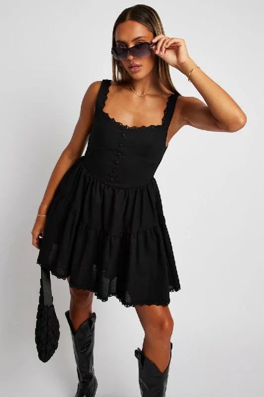 Mini Dresses with Lace Overlay -Black Fit And Flare Dress Mini