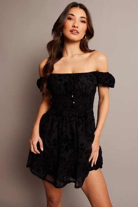 Mini Dresses with Fitted Skirt -Black Fit And Flare Dress Puff Sleeve Mini Burn Out