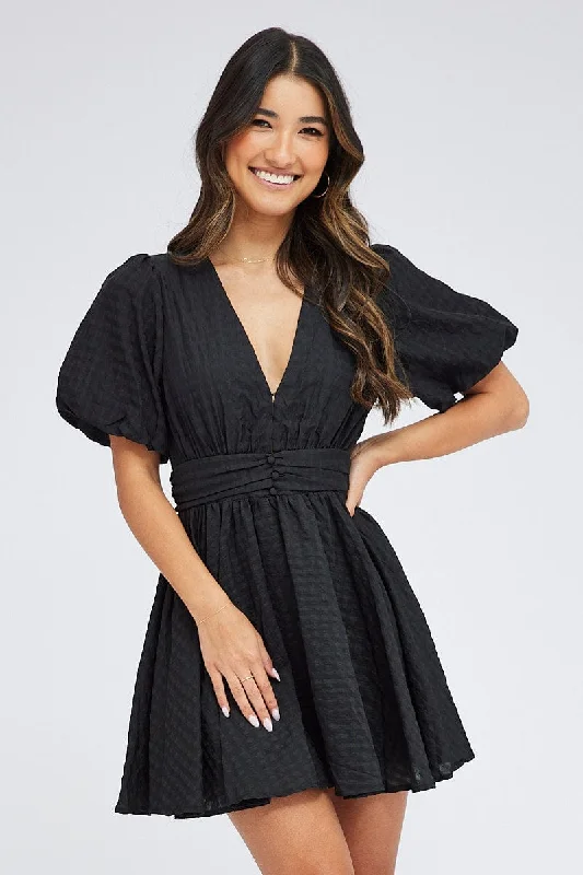 Mini Dresses for Cocktail Parties -Black Fit And Flare Dress Puff Sleeve Mini