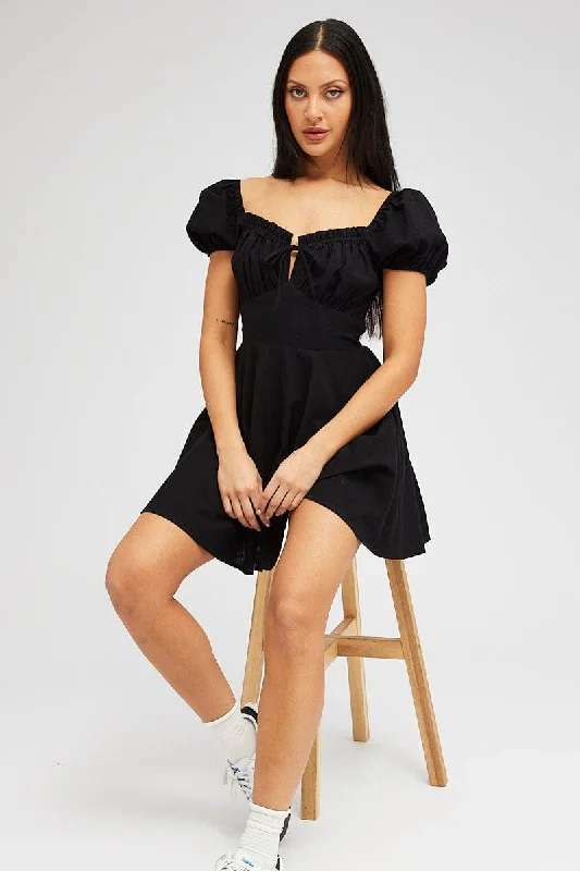 Mini Dresses with Crossback Detail -Black Fit And Flare Dress Puff Sleeve Mini