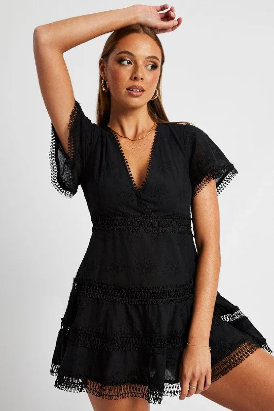 Mini Dresses with Sheer Front Detail -Black Fit And Flare Dress Short Sleeve Mini