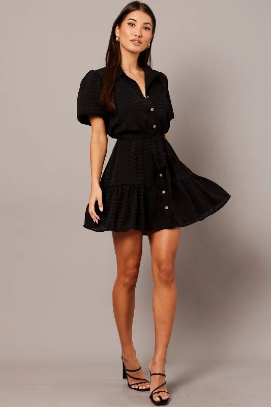 Mini Dresses with Wrap Design -Black Fit And Flare Dress Short Sleeve Mini