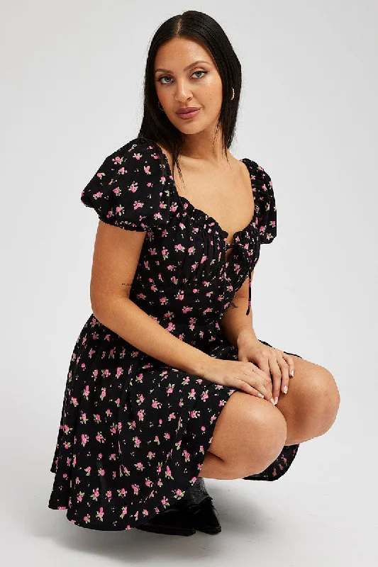 Mini Dresses with Lace Insets -Black Floral Fit And Flare Dress Puff Sleeve Mini