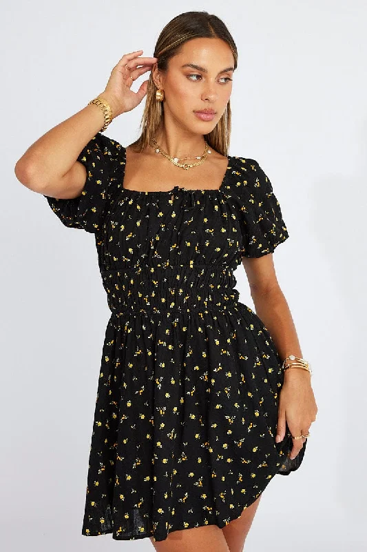 Mini Dresses for Street Style -Black Floral Fit And Flare Dress Puff Sleeve Mini