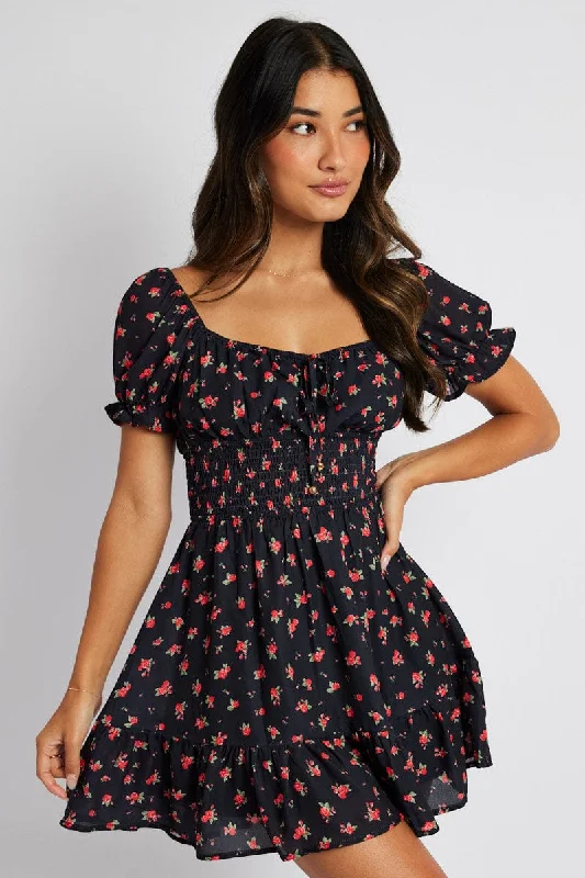 Mini Dresses with Bohemian Print -Black Floral Fit And Flare Dress Puff Sleeve Mini