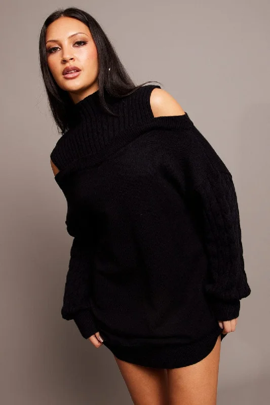 Mini Dresses with Fitted Skirt -Black Knit Dress High Neck Jumper Mini