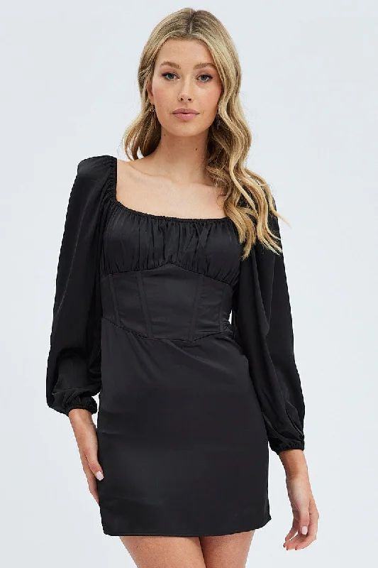 Mini Dresses with Wrap Skirt -Black Mini Dress Corset Detail Long Sleeve