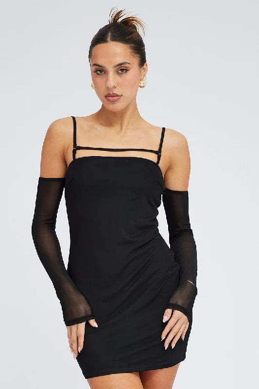 Mini Dresses with Satin Skirt -Black Mini Dress Long Sleeve Cold Shoulder Bodycon Mesh