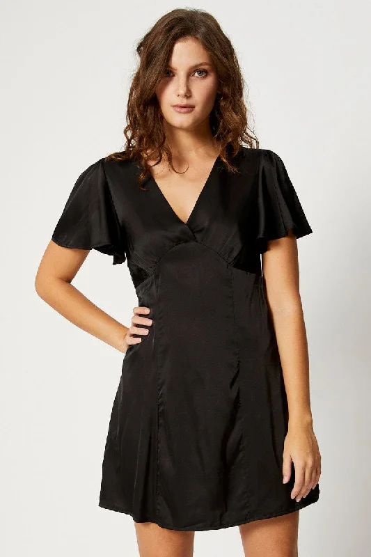 Mini Dresses with Bold Waistband -Black Mini Dress Short Sleeve