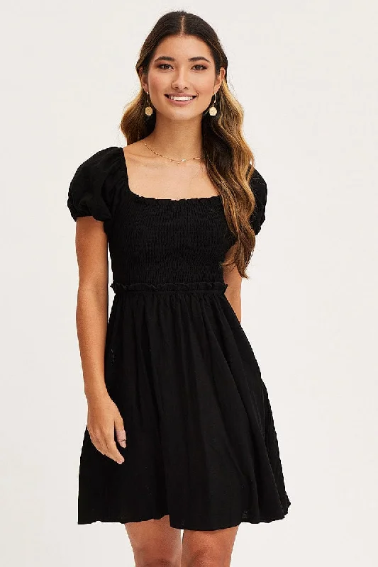 Mini Dresses with Soft Ruffle Hem -Black Mini Dress Short Sleeve Square Neck