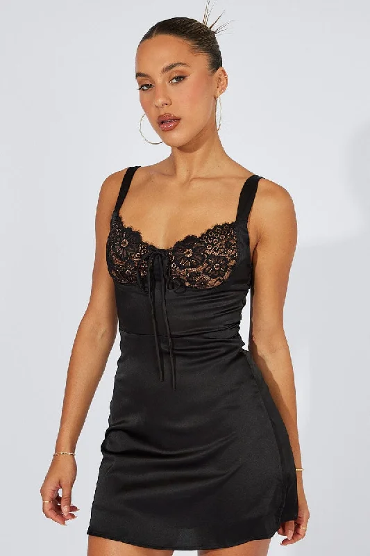 Mini Dresses with Sheer Bodice -Black Mini Dress Sleeveless Satin