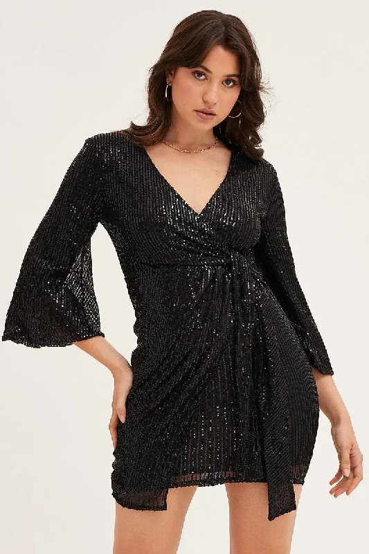 Mini Dresses with Feather Detailing -Black Sequin Ruffle Wrap Party Mini Dress