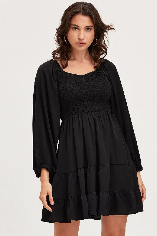 Mini Dresses with Soft Pleats -Black Shirred Dress Long Sleeve Mini