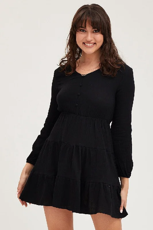 Mini Dresses with Button Back -Black Skater Dress Long Sleeve Mini