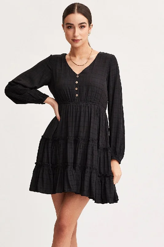 Mini Dresses with Tulle Skirt Detail -Black Skater Dress Long Sleeve Mini