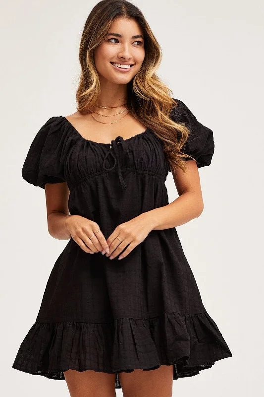 Mini Dresses for Girls Night Out -Black Skater Dress Short Sleeve Mini