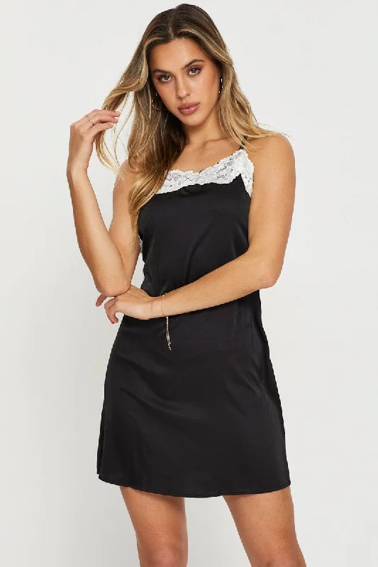 Mini Dresses with Ruffled Sleeve Detail -Black Slip Dress Mini Satin