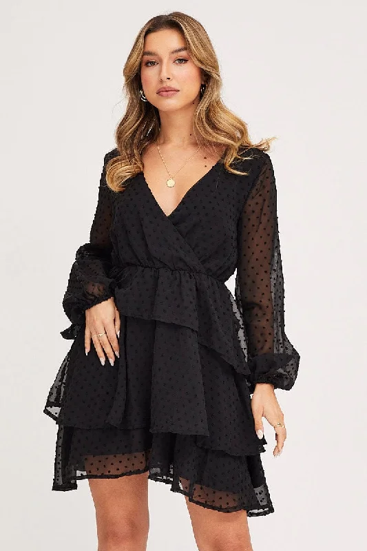 Mini Dresses for Cozy Nights -Black Tie Up Dress Long Sleeve Mini