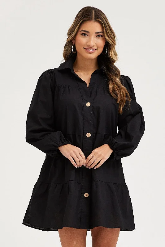 Mini Dresses with Color Blocking -Black Tiered Dress Long Sleeve Mini