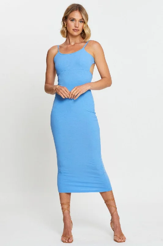 Mini Dresses with Embroidered Neckline -Blue Bodycon Dress Mini