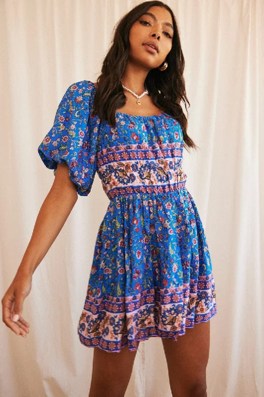 Mini Dresses with Twist-back Style -Blue Boho Mini Dress Short Sleeve Off Shoulder Skater