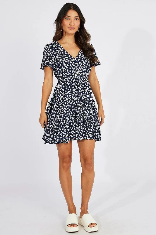 Mini Dresses for Formal Gatherings -Blue Ditsy Fit And Flare Dress V-neck Mini