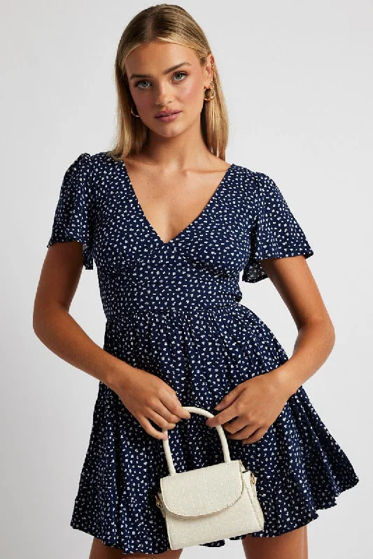 Mini Dresses for Office Parties -Blue Ditsy Fit And Flare Dress V-neck Mini