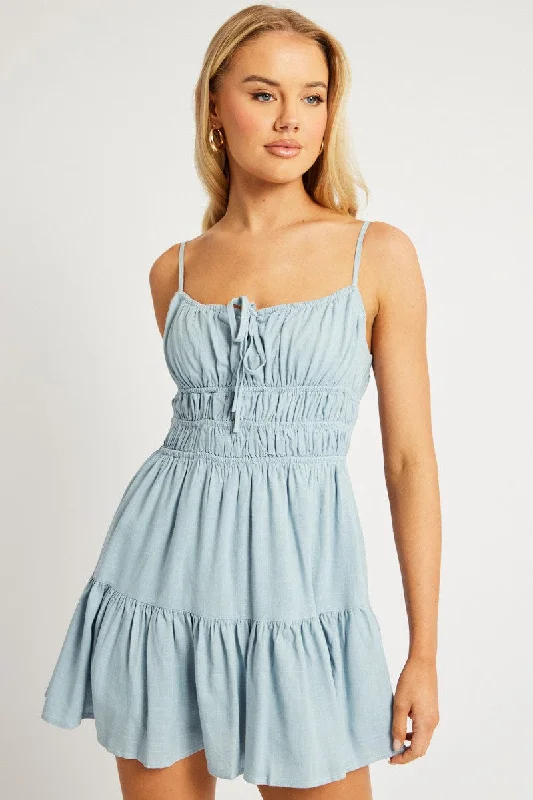 Mini Dresses with Silk Hem -Blue Fit And Flare Dress Mini