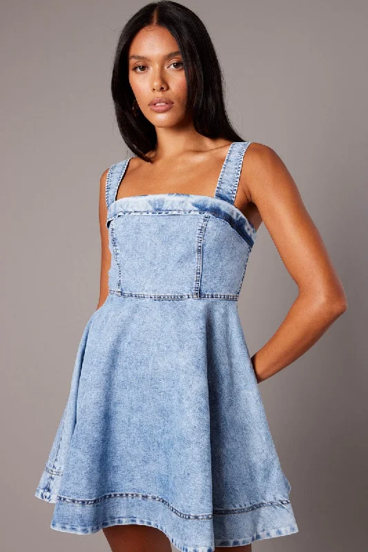 Mini Dresses with Embroidered Hem -Blue Fit And Flare Dress Mini