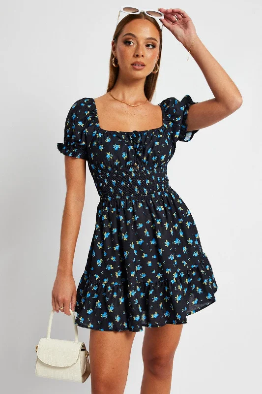 Mini Dresses with Mesh Detail -Blue Floral Fit And Flare Dress Puff Sleeve Mini