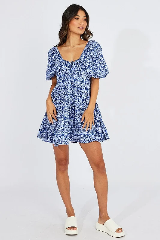 Mini Dresses with Floral Lace -Blue Floral Fit And Flare Mini Dress Puff Sleeve