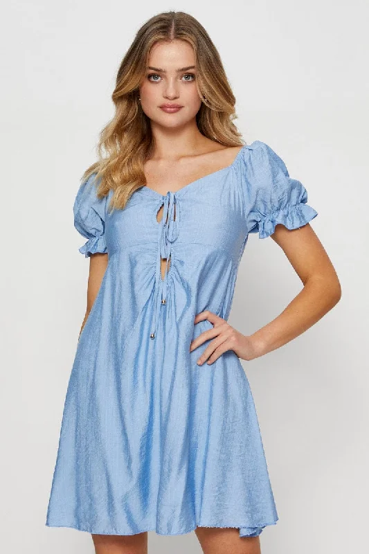 Mini Dresses with Lace Tulle Design -Blue Mini Dress Short Sleeve