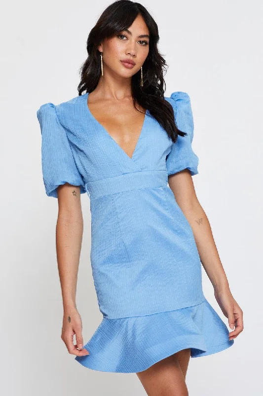 Mini Dresses with Deep V-neck -Blue Mini Dress V Neck