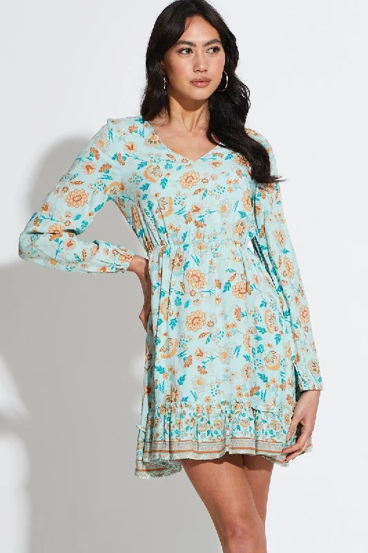 Mini Dresses with Relaxed Waist -Boho Print Mini Dress Long Sleeve V Neck