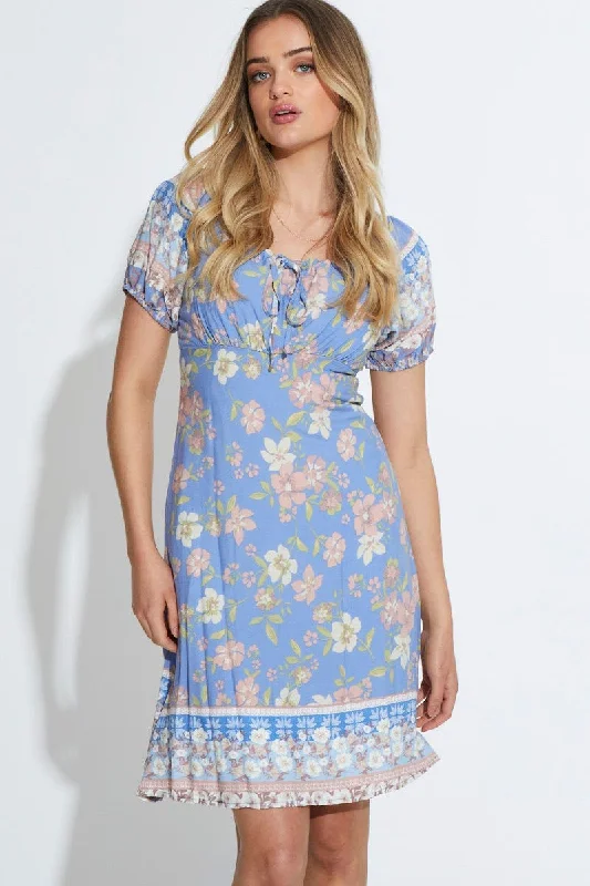 Mini Dresses with Twist Front Detail -Boho Print Mini Dress Short Sleeve