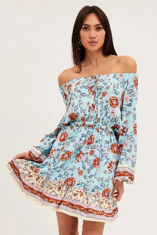 Mini Dresses with Feminine Fit -Boho Print Skater Dress Long Sleeve Mini