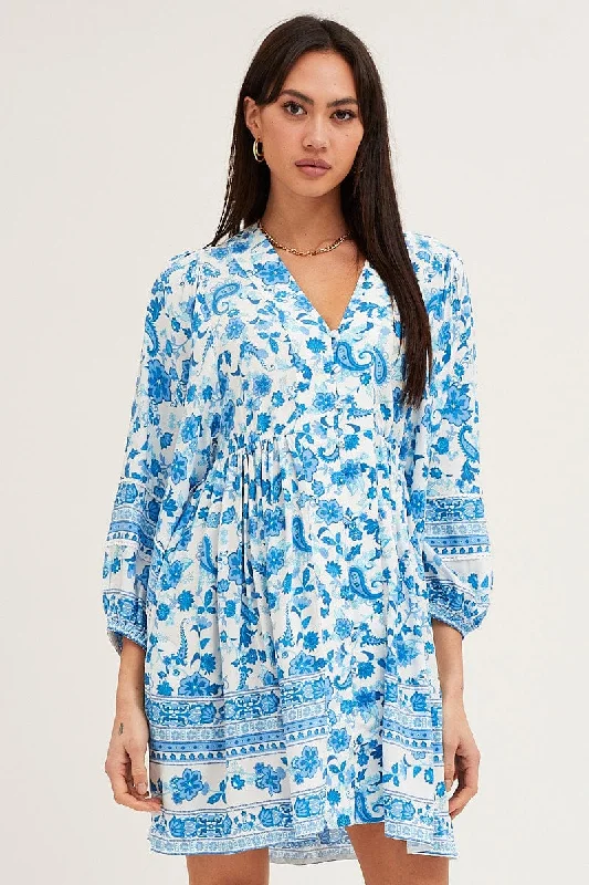 Mini Dresses with Embroidered Neckline -Boho Print Smock Dress Long Sleeve Mini V Neck