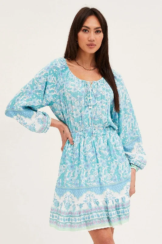 Mini Dresses for Summer Celebrations -Boho Print Tie Waist Dress Long Sleeve Mini