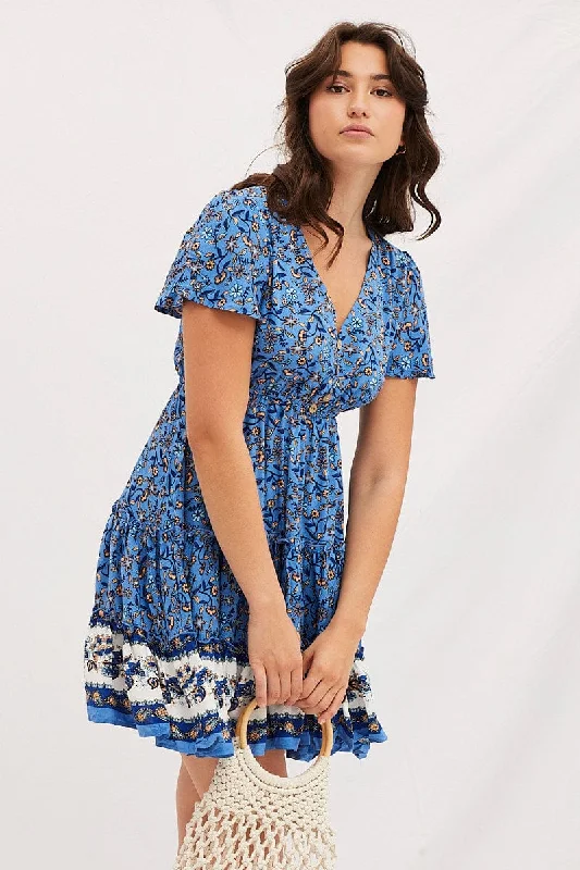 Mini Dresses for Fun Outfits -Boho Print V-Neck Short Sleeve Mini Skater Dress