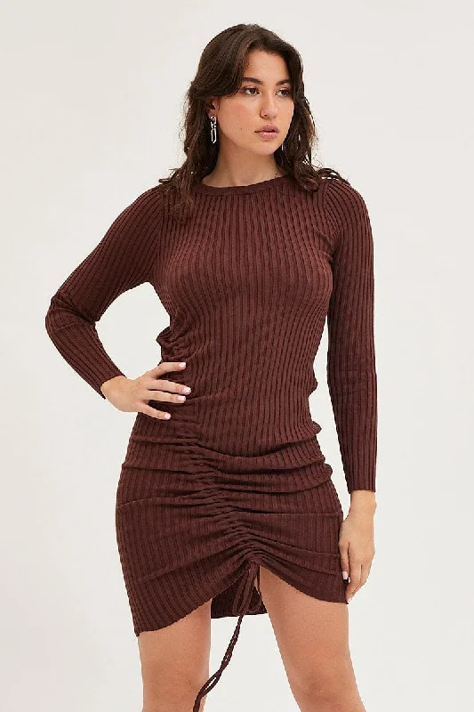 Mini Dresses with Flared Skirt -Brown Drawstring Dress Long Sleeve Mini