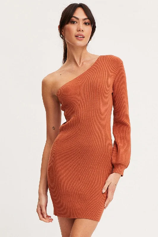 Mini Dresses for Cocktail Events -Brown Dress One Shoulder Mini Knit