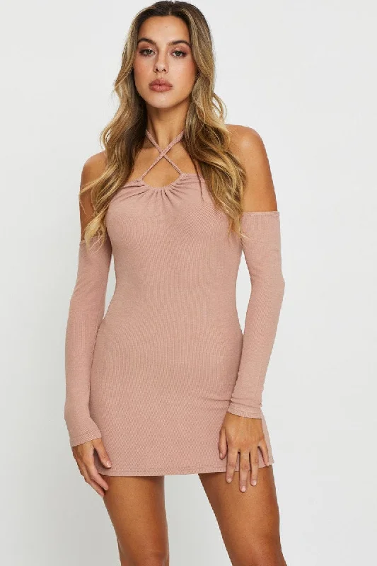 Mini Dresses with All-Over Lace Detail -Brown Mini Dress Bodycon Halter Neck