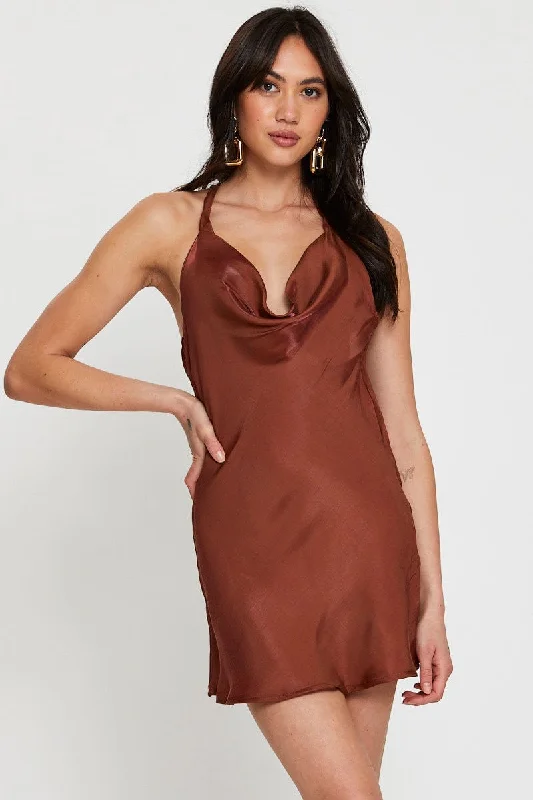 Mini Dresses with Bold Color Palette -Brown Mini Dress Cowl Neck Satin