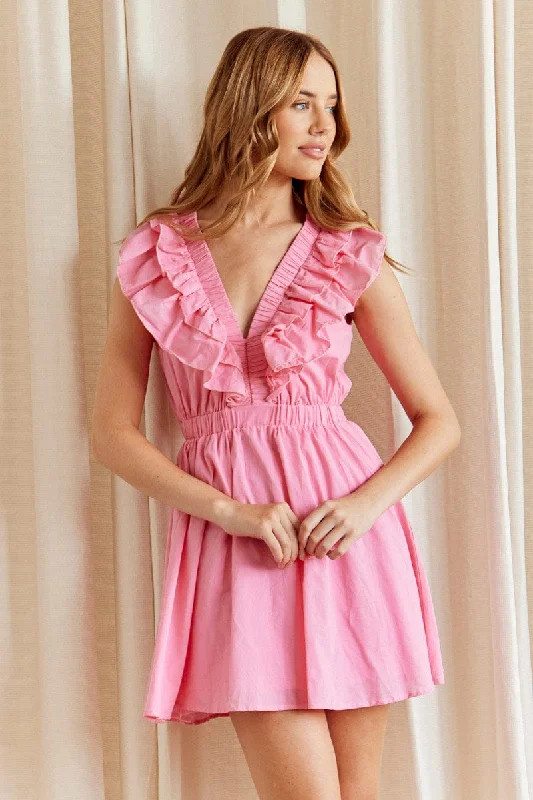 Mini Dresses with Layered Fabric -CANDY PINK Fit And Flare Dress Sleeveless Deep V Frill Mini