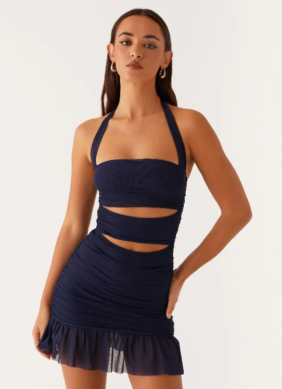 Mini Dresses with Stretch Waist -Devyn Mini Dress - Navy