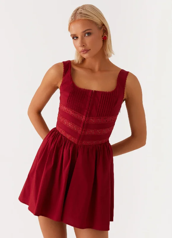 Mini Dresses with Pleated Waistband -Eleanor Lace Trim Mini Dress - Red